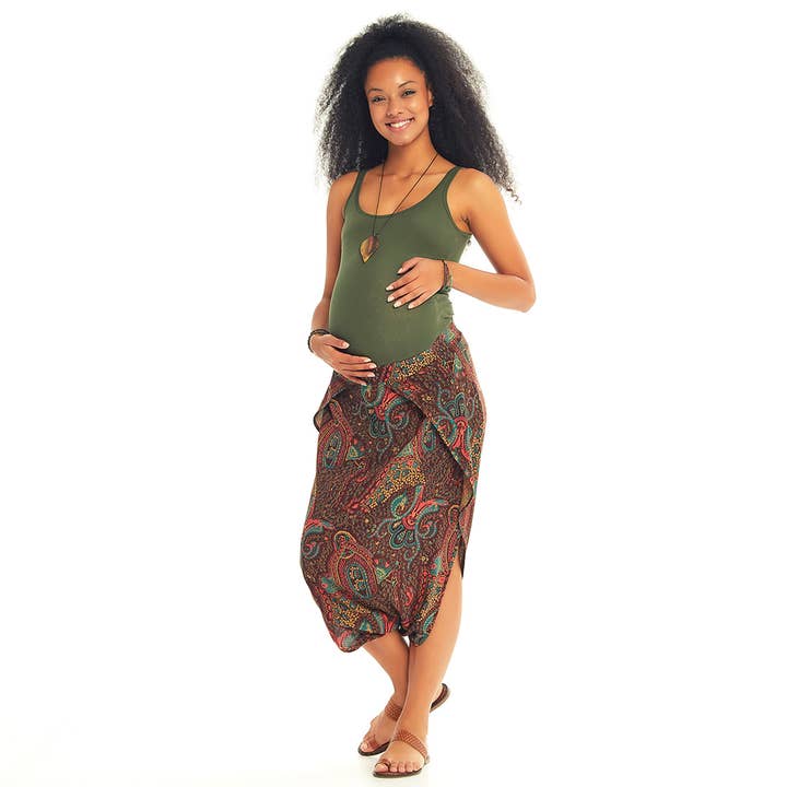 Ethnic Print Low Rise Brown Capri Skirt Maternity Pants for wholesale by Los Banditos