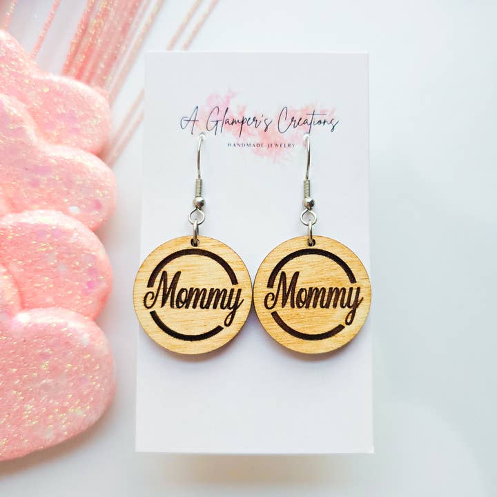 Mother's Day Wooden Circle Earrings - Mommy for wholesale by A Glamper's Creations LLC