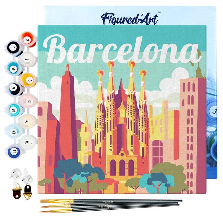 Mini Paint by numbers Travel Poster Barcelona 20x20cm Framed for wholesale by Figured'Art (UK)