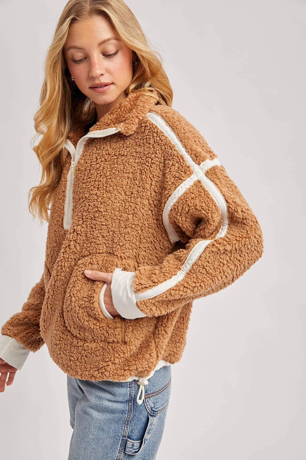 Bluivy - Wholesale Outerwear - Maternity - HALF ZIP CONTRAST SHERPA FLEECE TOP WITH POCKETS15