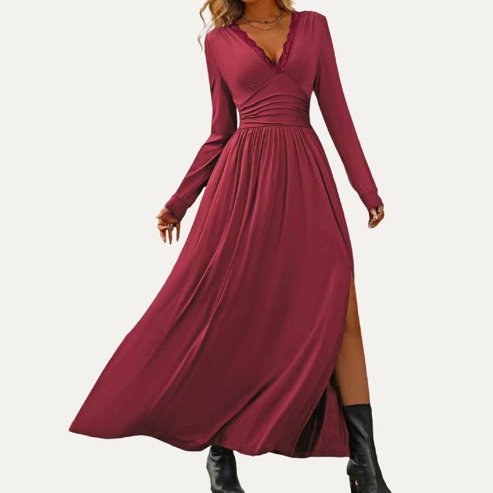 The Moment Collection - Wholesale Dress - Women's - Solid Soft Stretchy Plunging Neck Long Sleeve Maxi Dress