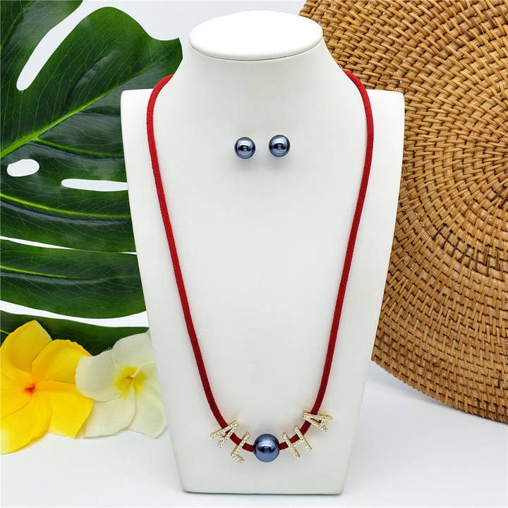 Set Of Petrol Pearl Stud Earrings And Leather Necklace In Different Colors With The Name Of An Island And Petrol Pearl for wholesale by S&T Collections