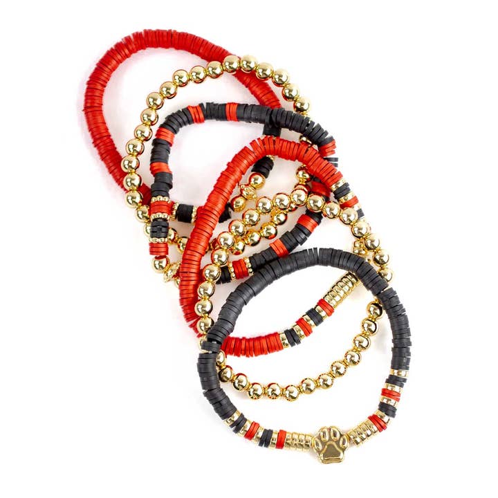 The Royal Standard - Wholesale Beaded Bracelet - Paw Print Bead Bracelet Stack Red/Black/Gold 7"