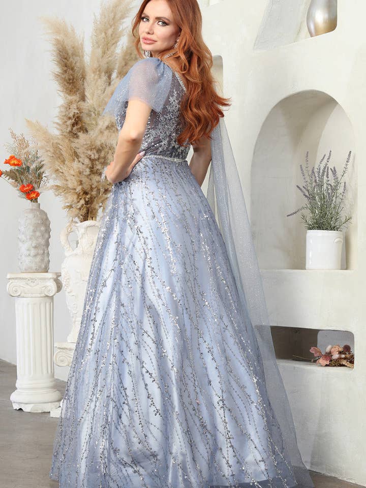 LA Merchandise LA8071 Beaded Dusty Blue Mother of the Bride Dress for wholesale on Faire