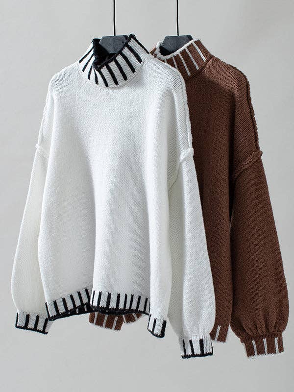 Sheer Trend – Engroshandel Pullover - Dame – Lange ærmer Løs kontrastfarve Split-joint Pullovere med høj hals Sweatertoppe10