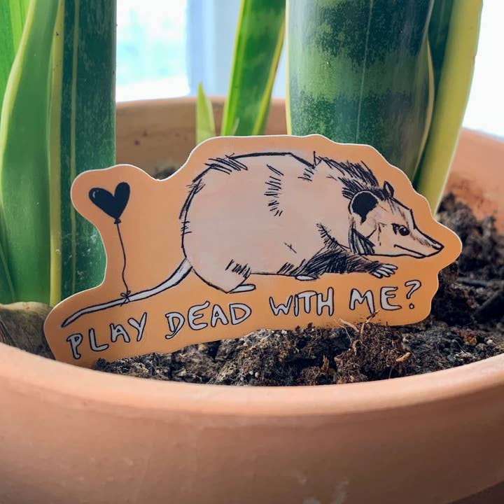 Play Dead With Me Possum Sticker for wholesale by Corkscrew Curiosities