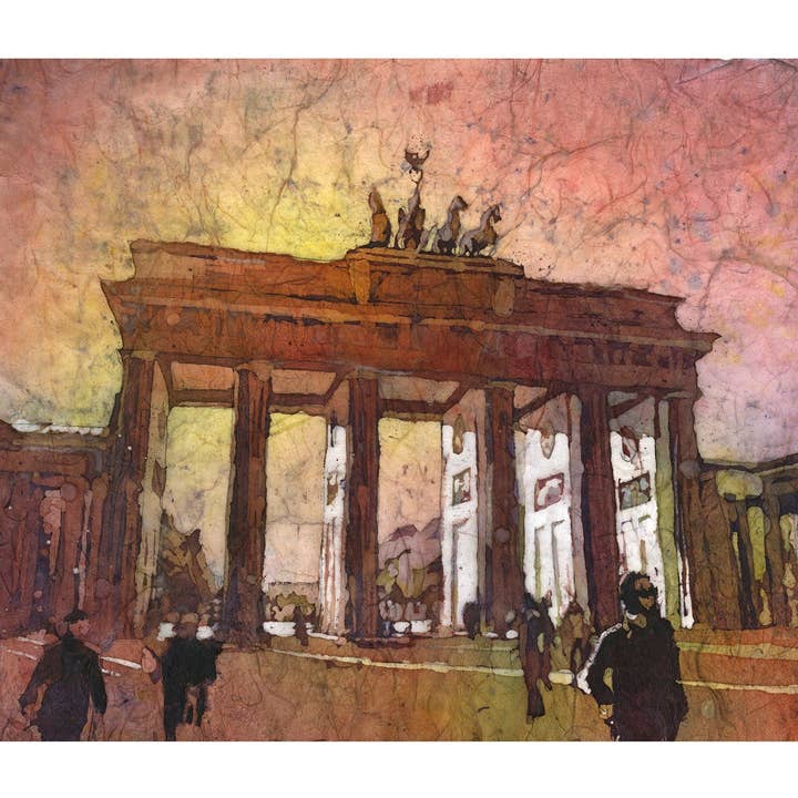 Akvarel batik maleri af Brandenburger Tor ved solnedgang i byen Berlin- Tyskland, Europa. Akvarel batik farverig solnedgang Berlin kunst for engroshandel hos Ryan Fox Fine Art