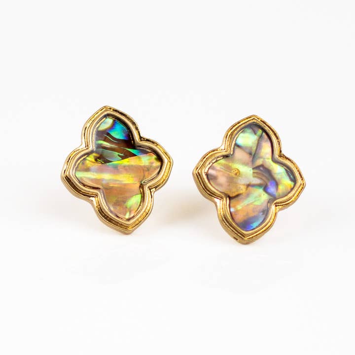 Priscilla Stud Earrings Gold/Abalone .75" for wholesale by The Royal Standard