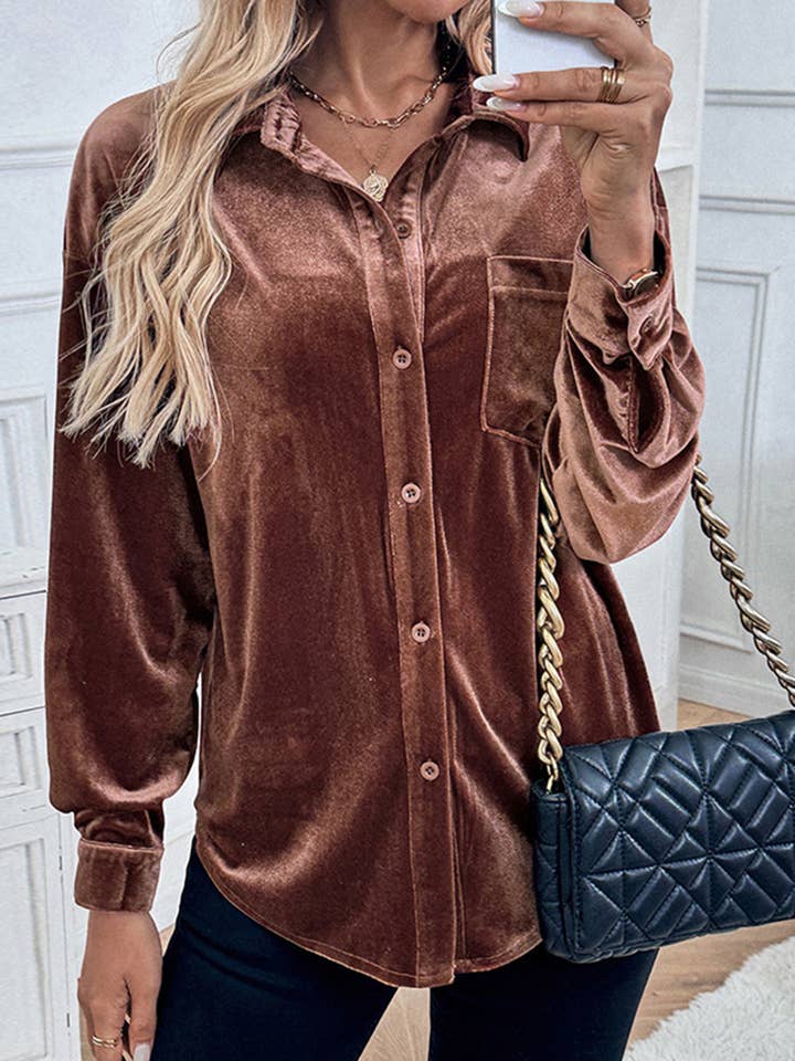 Brown Long Sleeved Velvet Cardigan Top for wholesale on Faire