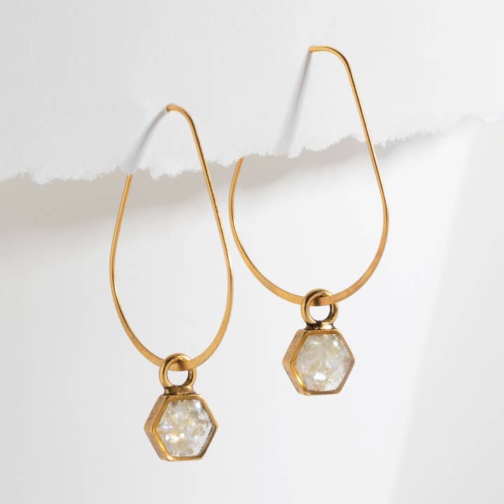 Cameoko - Wholesale Hoop Earrings - The Ally ~Teardrop Shaped Hoop Earrings with Hexagon Accents0