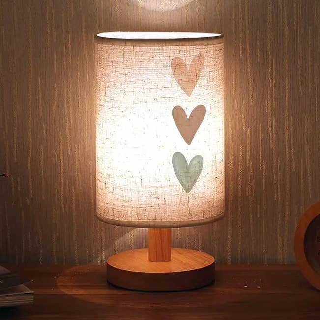 Heart Print Bedside Lamp - LED, USB Powered, Fabric Shade for wholesale by Huis Van Merken