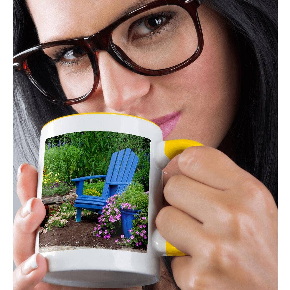 3dRose - Wholesale Coffee Mug - 3dRose, Flower garden with blue Adirondack chair and pot of flowers, Mug1