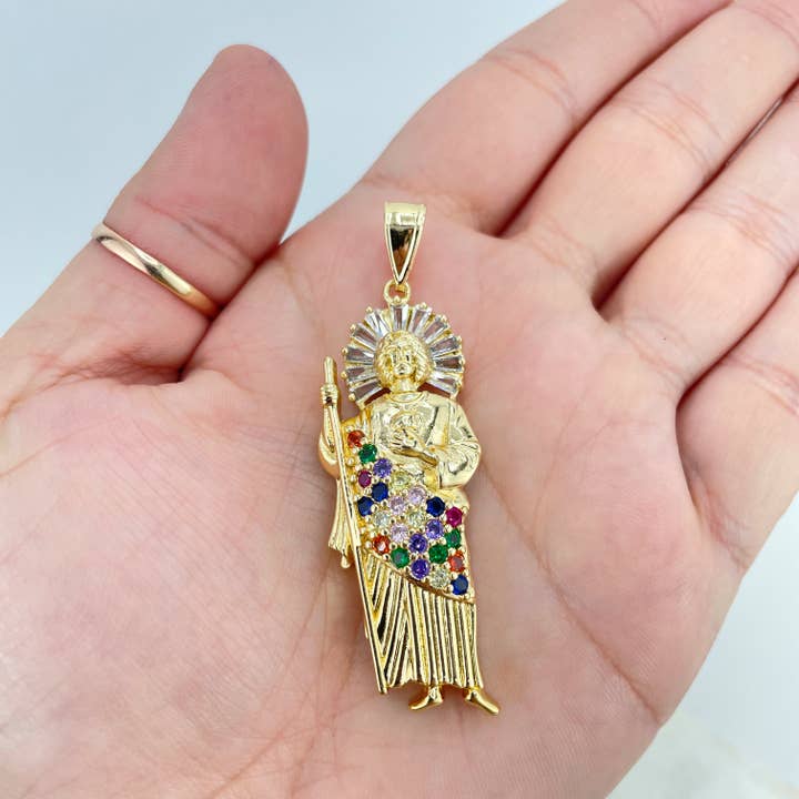 Luxus Accessories - Wholesale Individual Charm/Pendant - 18k Gold Filled Religious Pendant Clear Baguette & Multicolor Micro CZ Saint Jude