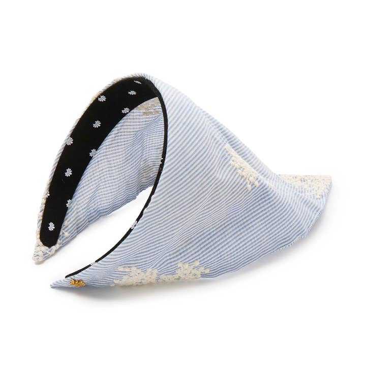 SKY BLUE JACKIE EMBROIDERED SEERSUCKER HANKERCHIEF HEADBAND for wholesale by Lele Sadoughi