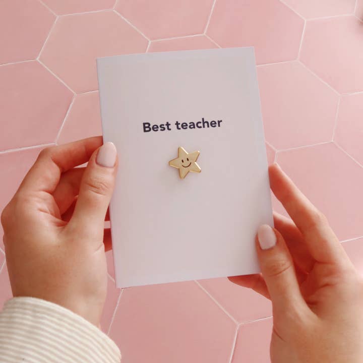 Best Teacher Greeting Card with Gold Star Enamel Pin for wholesale by Stay Soft Co