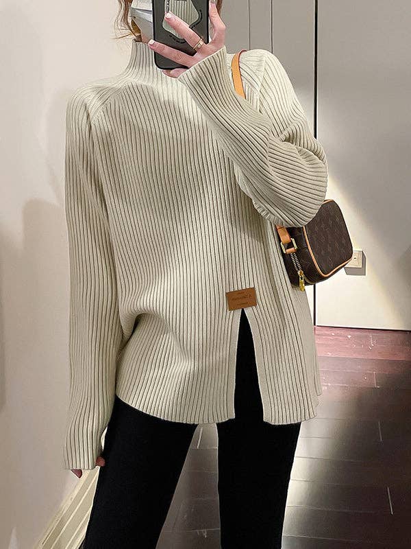 VividLux - Wholesale Knit Sweater - Women's - Long Sleeves Loose Split-Front Mock Neck Pullovers Sweater Tops6