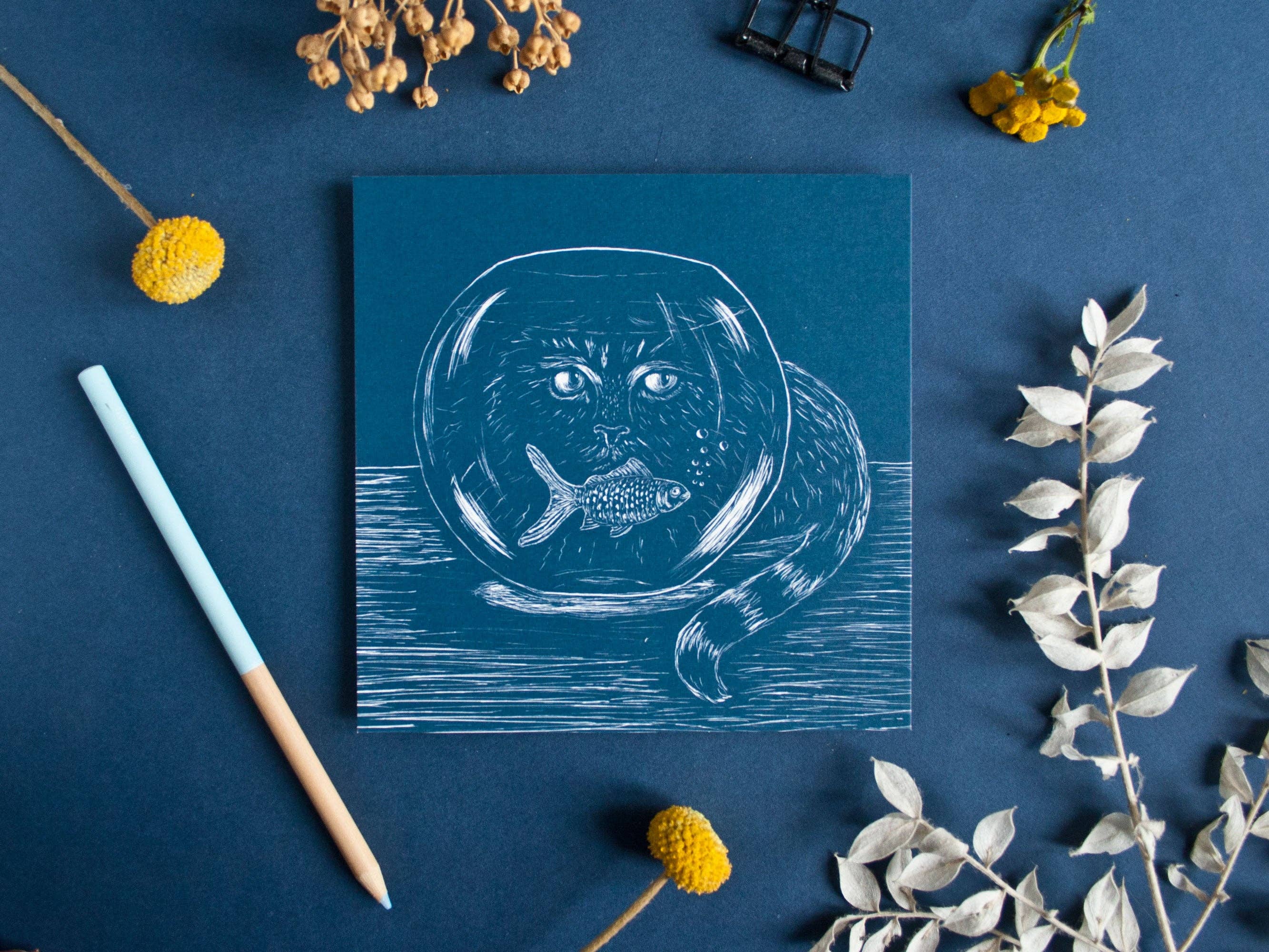 Katja Rub - Wholesale Postcard - Square Postcard Cat & Goldfish1