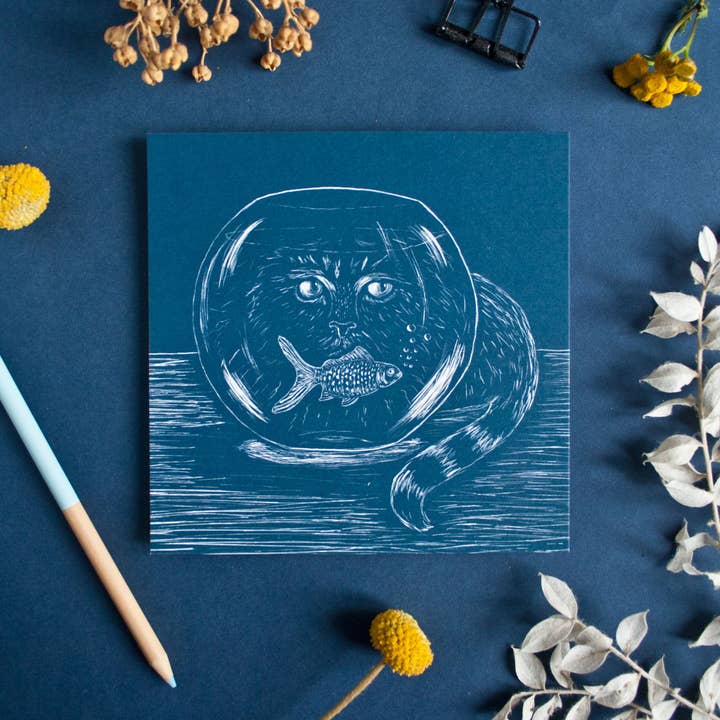 Katja Rub - Wholesale Postcard - Square Postcard Cat & Goldfish1