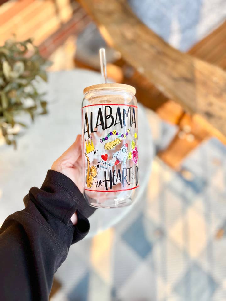 State of Alabama 16 oz Glassware with a Bamboo Lid & Straw for wholesale by Happy By Rachel, LLC
