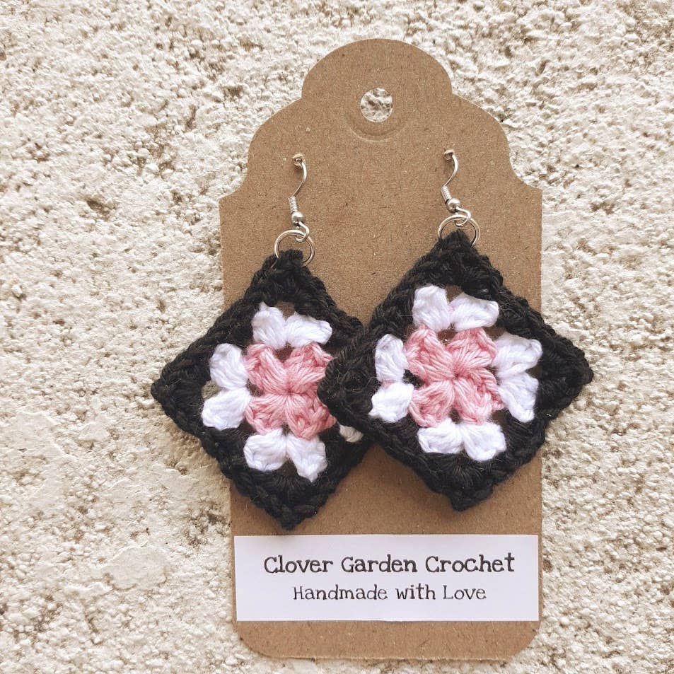 Clover Garden Crafts - Wholesale Dangle Earrings - Crochet Granny Square Drop Earrings, Black White and Colored1