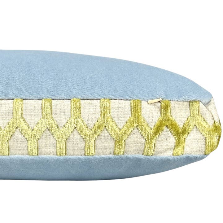 Margot Celery/Chambray - Blue Velvet Pillow w Green Trim  for wholesale by Piper-Collection