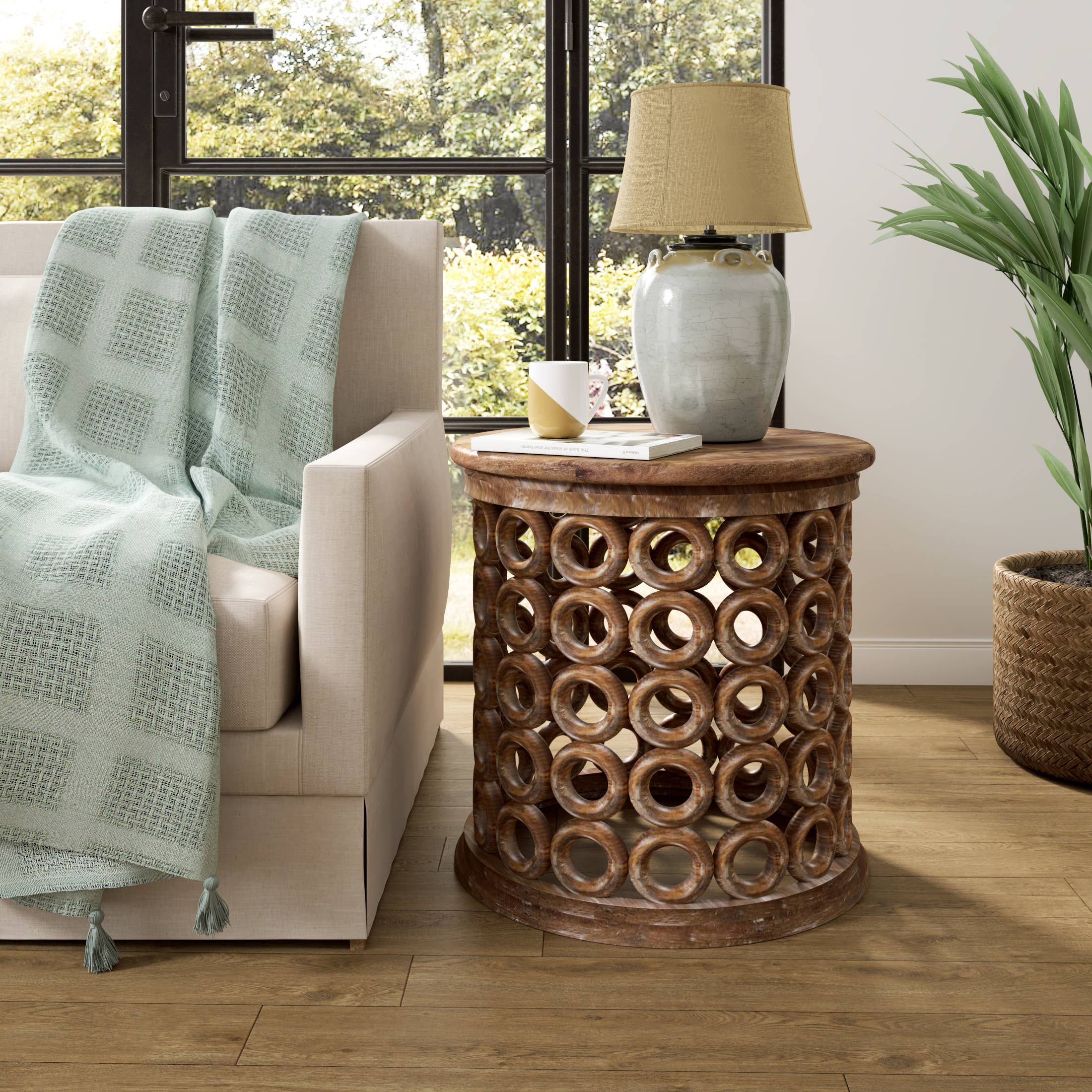 LR Home - Vente Tables d'appoint - Table d'appoint en bois de manguier fait main avec treillis – Rond3