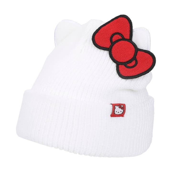 Hello Kitty Novelty Ear White Acrylic Beanie With Cut Fabric Bow With Embroidery And Red Woven Label Cuff Beanie for wholesale by Bioworld Merchandising