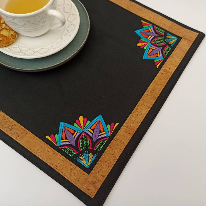 Cotton Placemat with Mandala Embroidery and Cork Detail for wholesale by JANELA D'ALMA