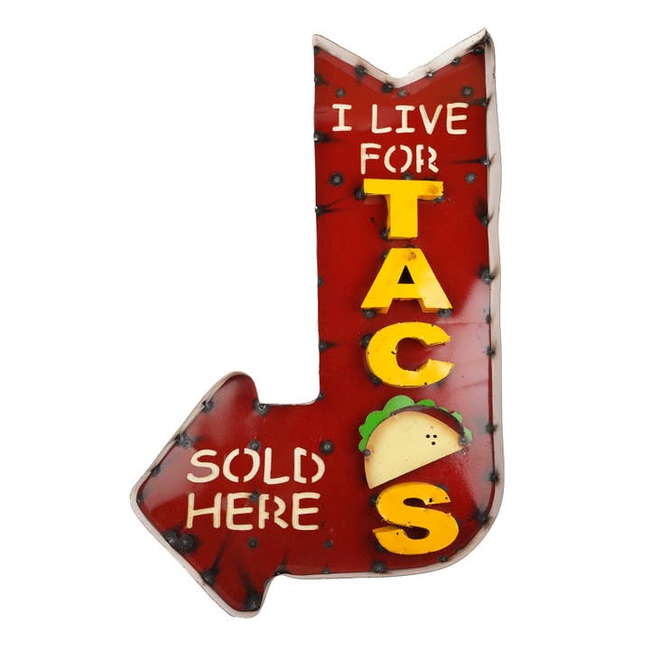 Tacos Sold Here Arrow Metal Sign-21x34H-Wall Decor-NEW for wholesale by My Amigos Imports
