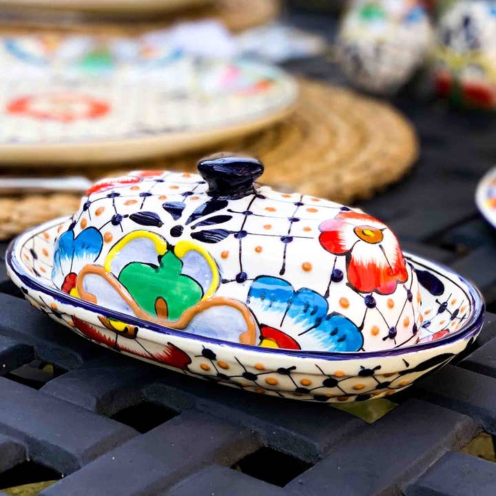 Global Crafts - Wholesale Butter Dish - Encantada Handmade Pottery Butter Dish, Dots & Flowers