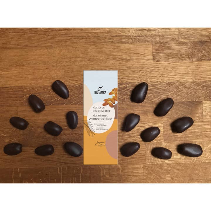ORGANIC* - Dátiles cubiertos de chocolate belga (vegano) 20 x 7 piezas para venta al por mayor de BioTamra