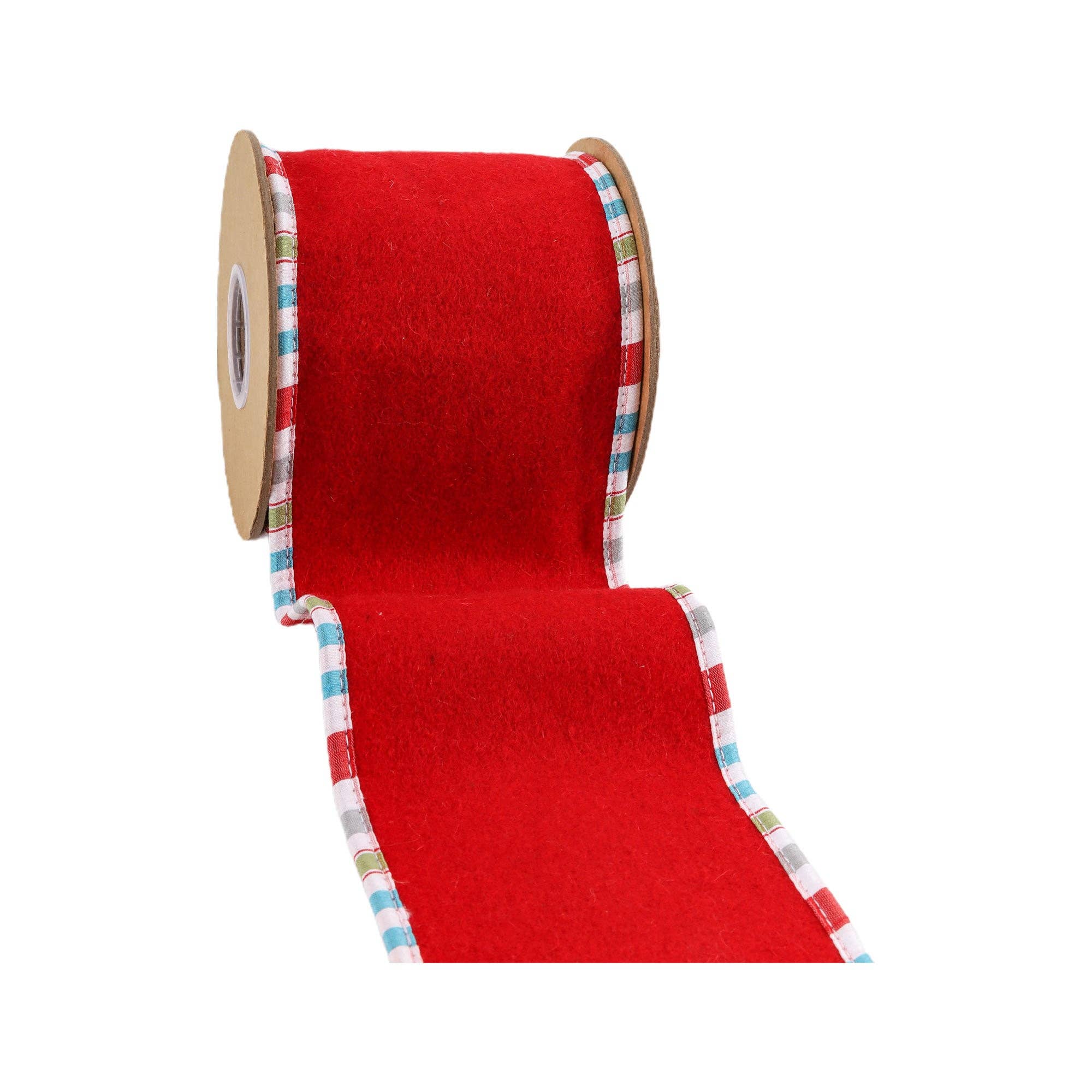 LA Ribbons Wholesale - Wholesale Ribbon - Gift Wrapping - 4" Wired Ribbon | Red Felt w/ Teal Plaid Edging | 5 Yard Roll2