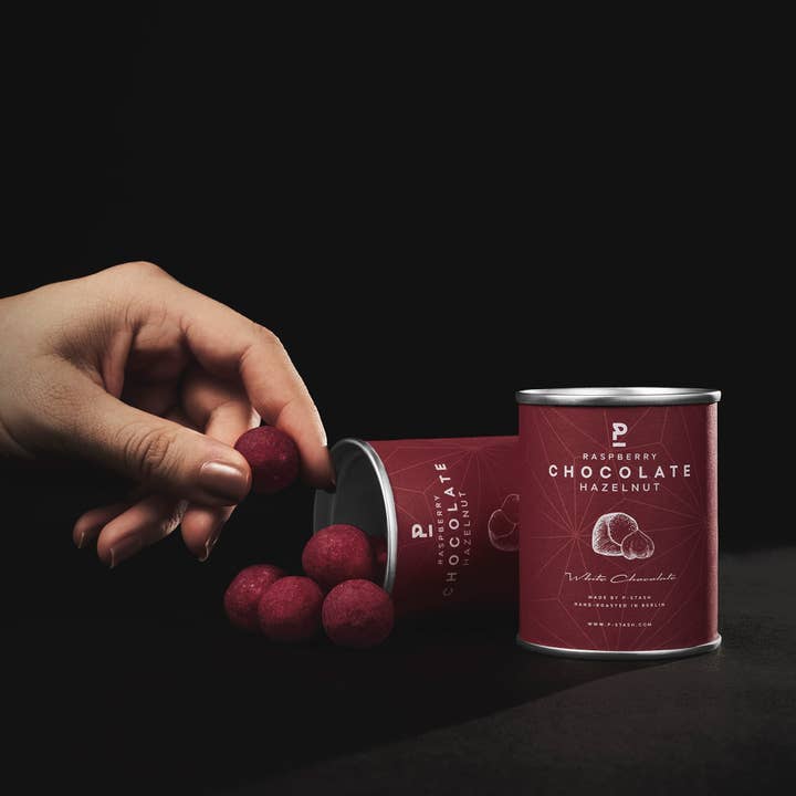 P-Stash - Wholesale Chocolate Covered Sweets - 12x Hazelnut - White chocolate with raspberries - Mini 60g2