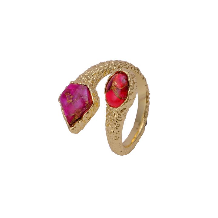 El Joyero - Wholesale Multi-stone ring - Dual Stone Ruby Mohave Jade Texture Band Adjustable Ring3
