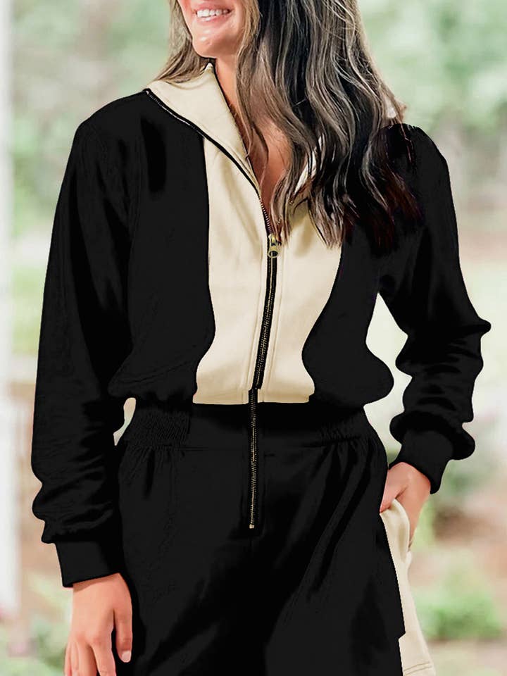 Zwart Tweekleurig Romper met Rits aan de Voorkant en Lange Mouwen voor wholesale door Suhkasana