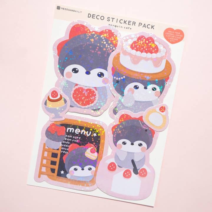Strawberry Penguin Cafe Holo Sticker Pack for wholesale by Notmehmehstudio