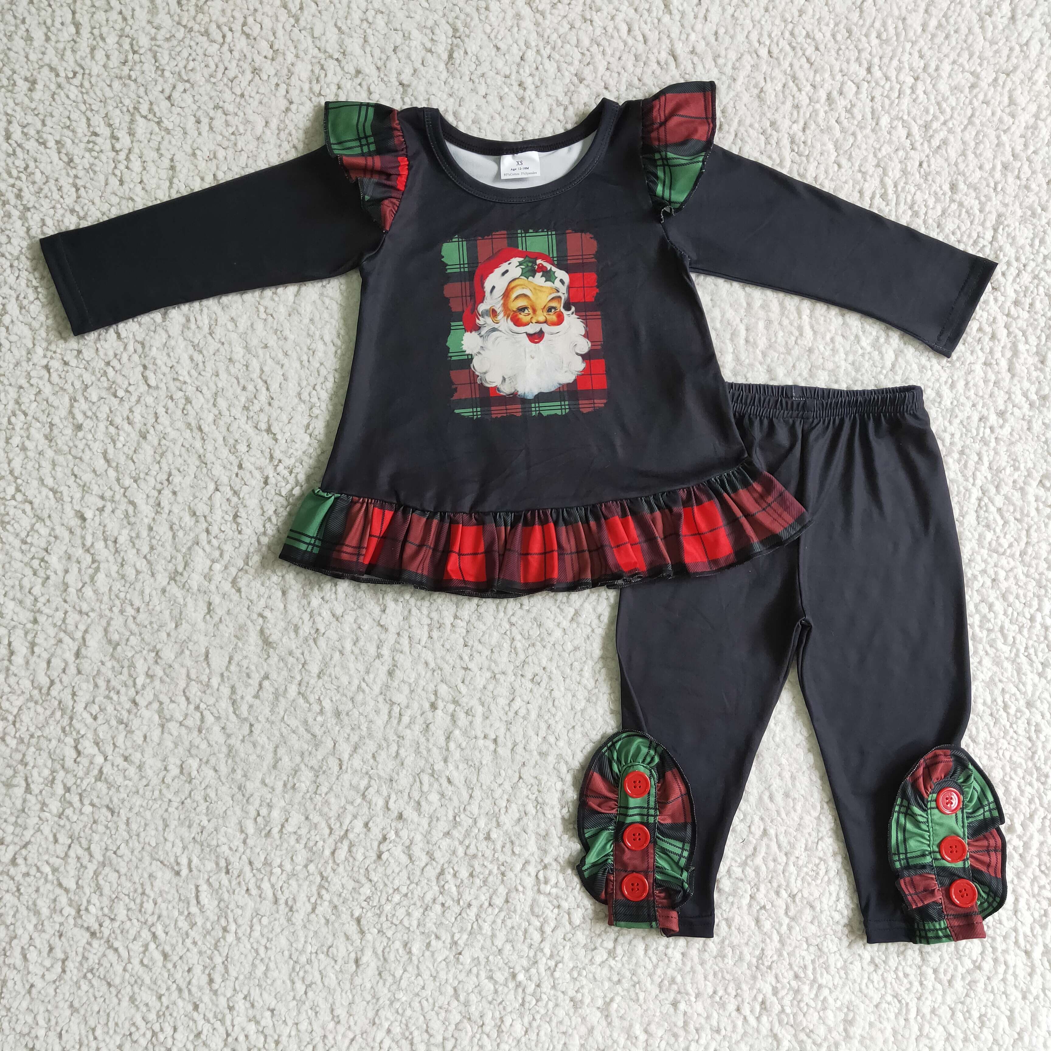 Aier Wholesale - Vente Ensemble haut et pantalon – enfant - Ensemble de vêtements de Noël pour bébés filles avec manches longues à volants, tunique et pantalon avec motifs de Père Noël, pain d'épice et sapins.1