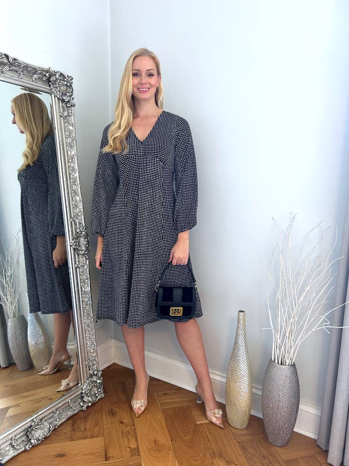 V Neck Flared Hem Long Sleeve Dress for wholesale by Marina Kaneva