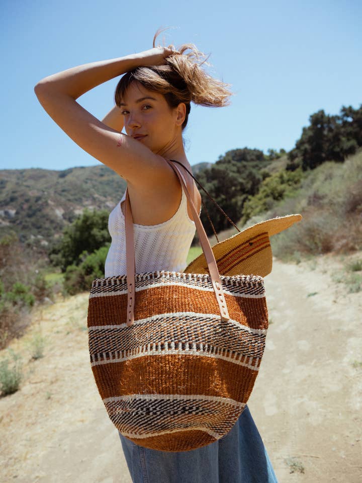 Dark Peach Striped Sisal Basket Bag for wholesale by Jenna Bee