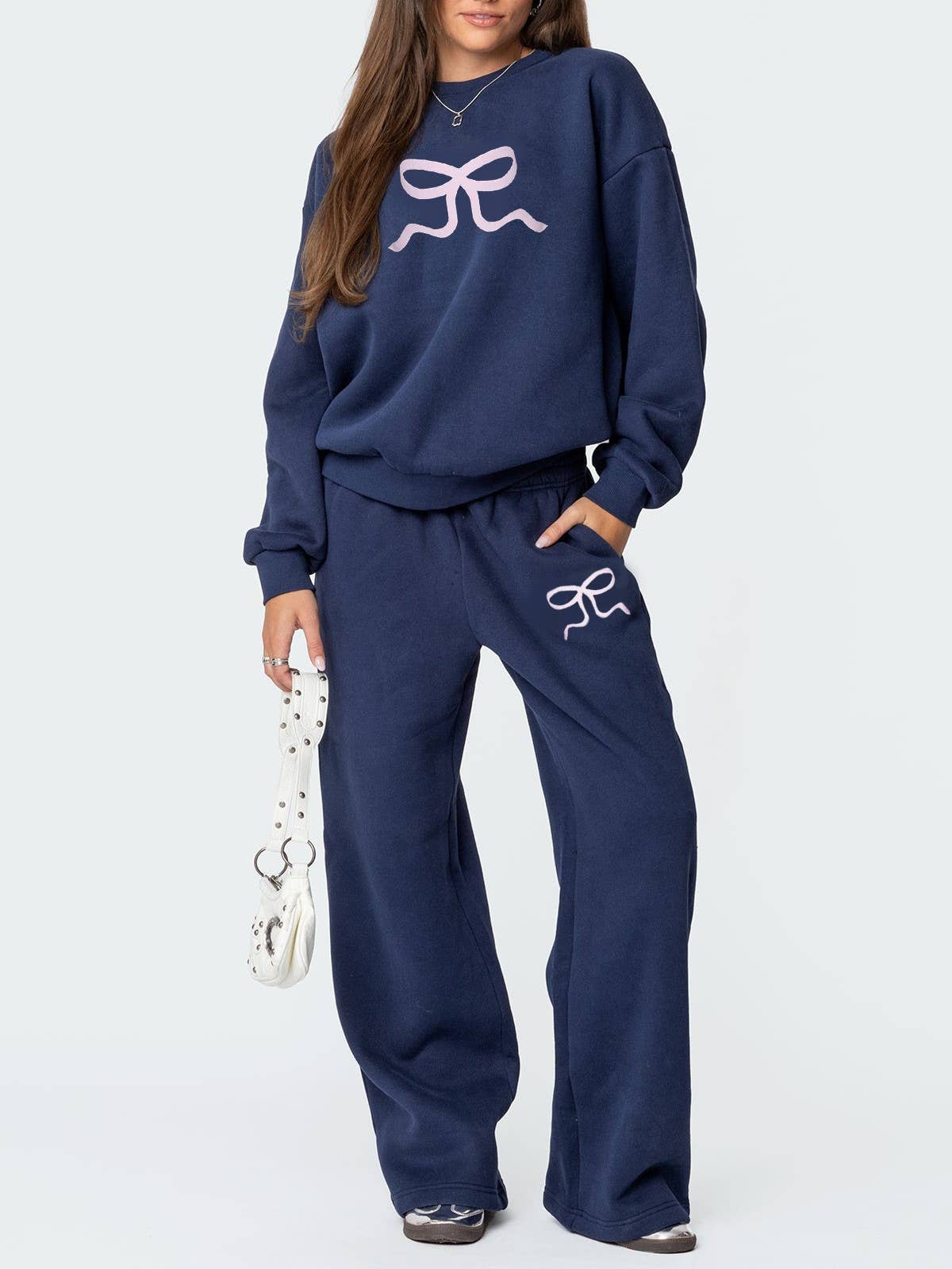 HIDDENBRAND - Wholesale Top & Pant Set (NOT Loungewear) - Women's - Bow Ribbon Print Sweatshirt Trousers Set0