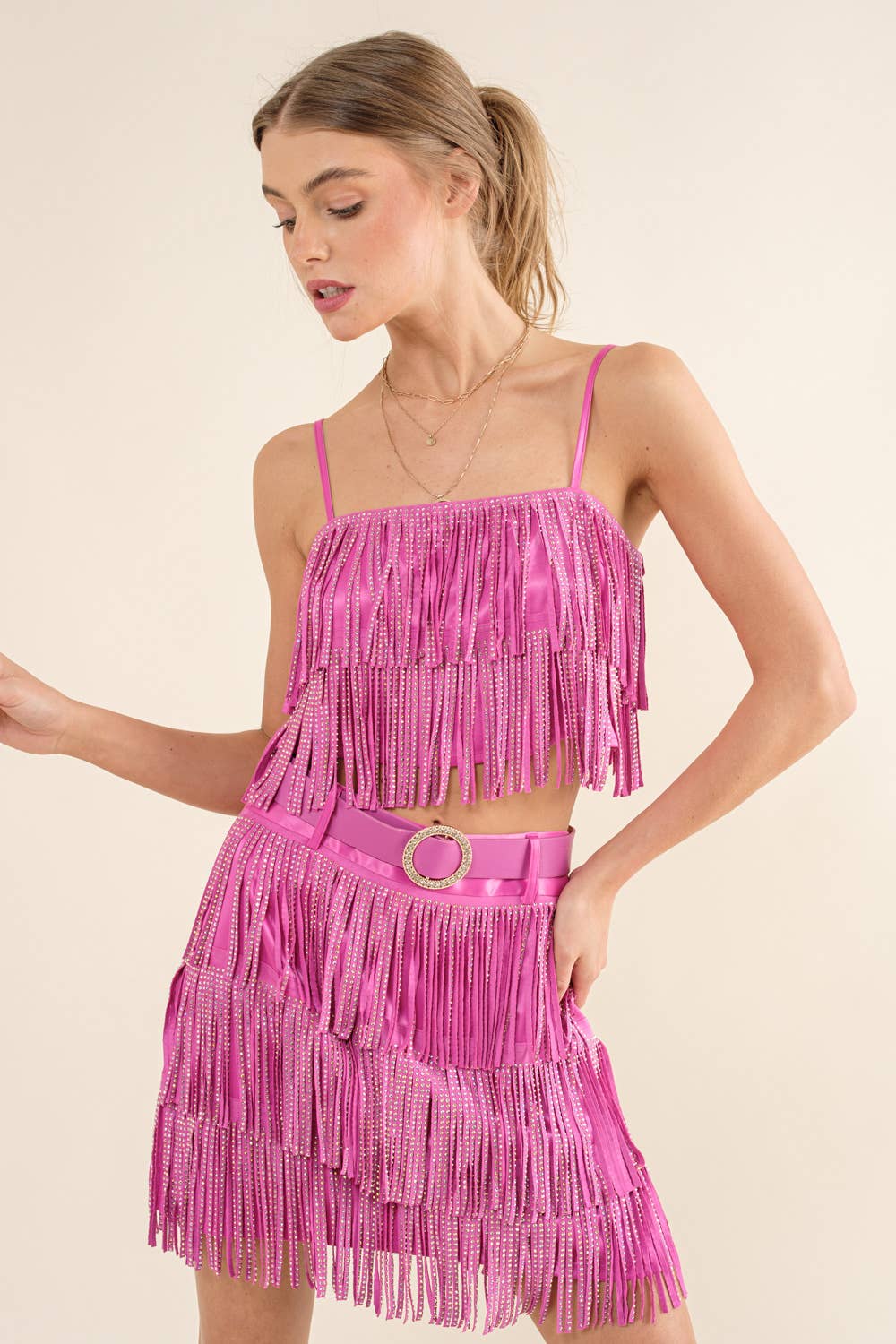 RED 32247T - Satin Base Studded Tiered Fringe Cami Top for wholesale on Faire10