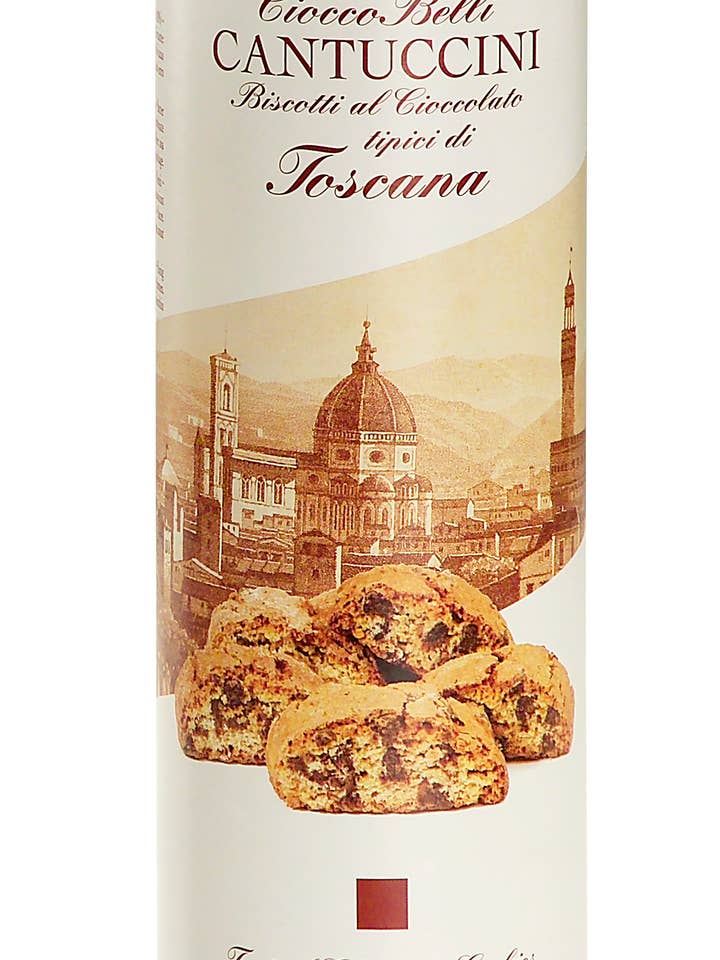 250 GRAMAS - lata cilíndrica - cantuccini com pepitas de CHOCOLATE NEGRO por atacado de Biscottificio Belli