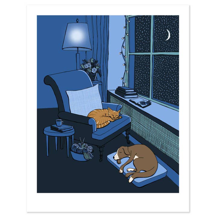 Silent Night in Blues with Dog and Cat Print for wholesale by Sloe Gin Fizz