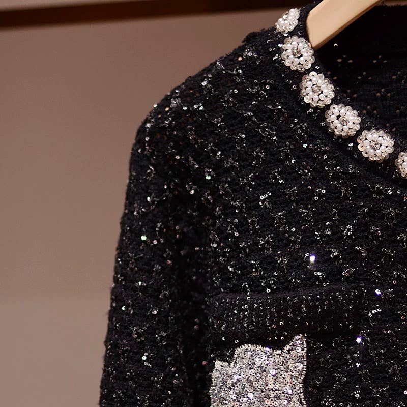 Svart JK241Y Damers Svart Stickad Kofta med Strassdetaljer för wholesale på Faire4
