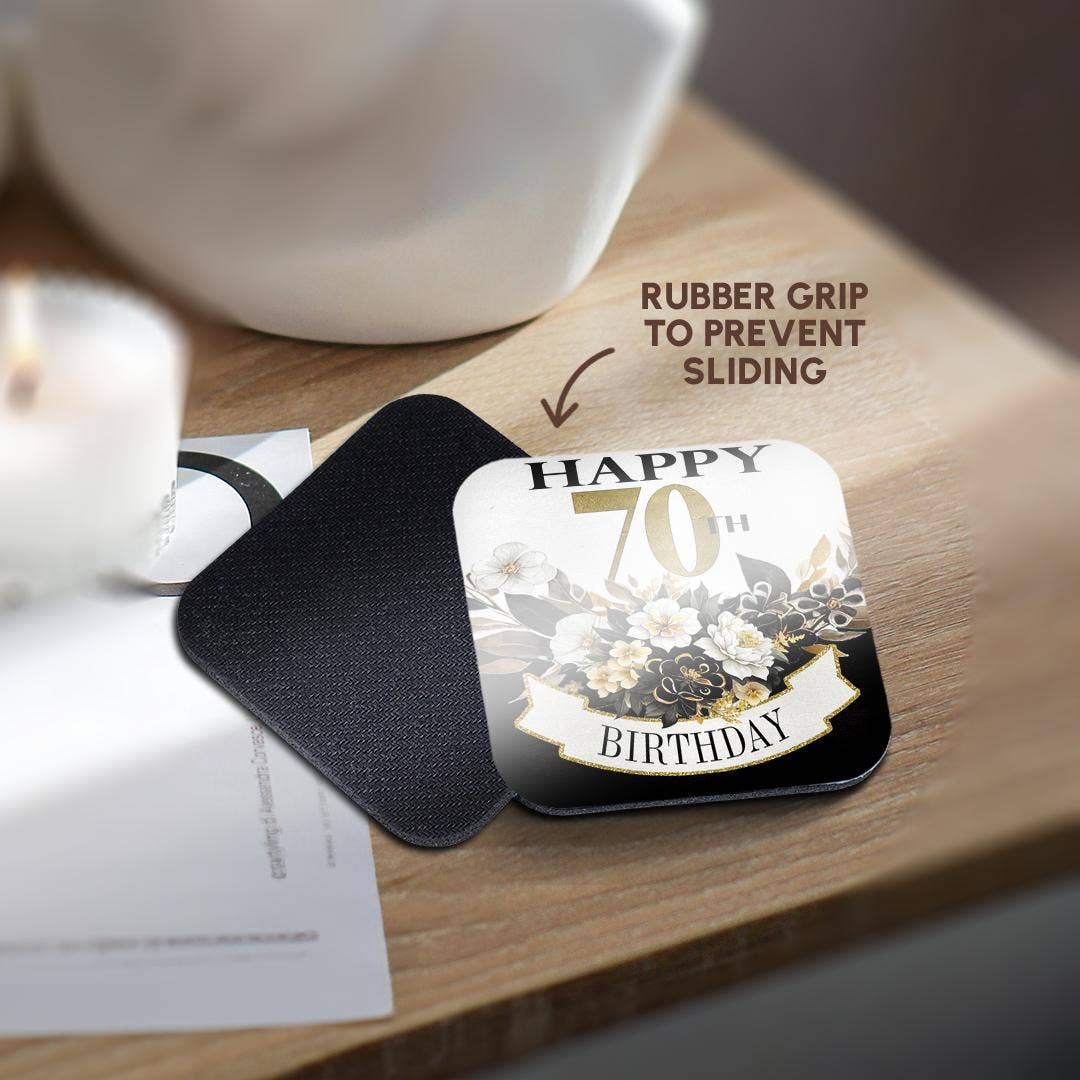 3dRose - Wholesale Coasters - 3dRose, Elegant Black and Image Of Gold Flowers Happy 70th Birthday, Coaster10