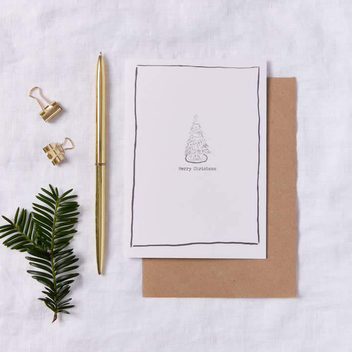 Merry Christmas Tree Sketch Christmas Card for wholesale by Emily M Art and Design