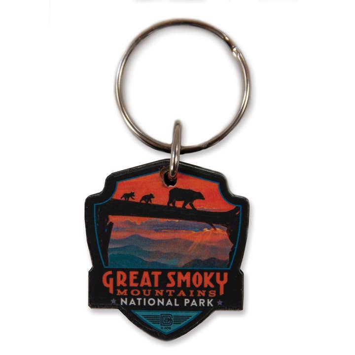 Great Smoky Bear Crossing Emblem Wooden Key Ring for wholesale by Tourist Courts