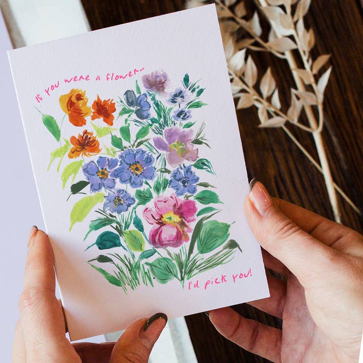 'If you were a flower I'd pick you' card with pink neon ink for wholesale by Katie Dyer