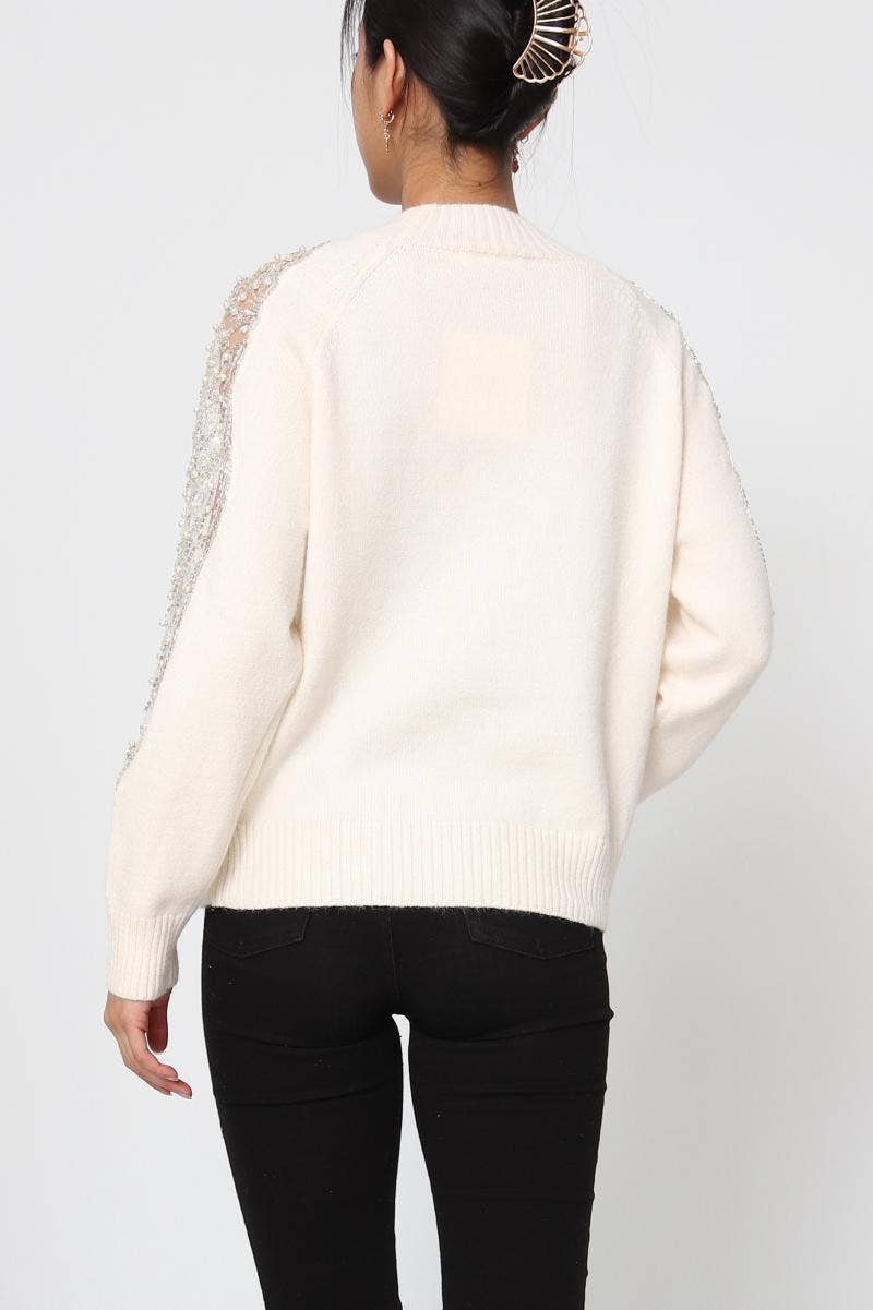DIX-ONZE - Wholesale Knit Sweater - Women's - Soft Knit Sweater – Sequin & Pearl Details on Sleeves14
