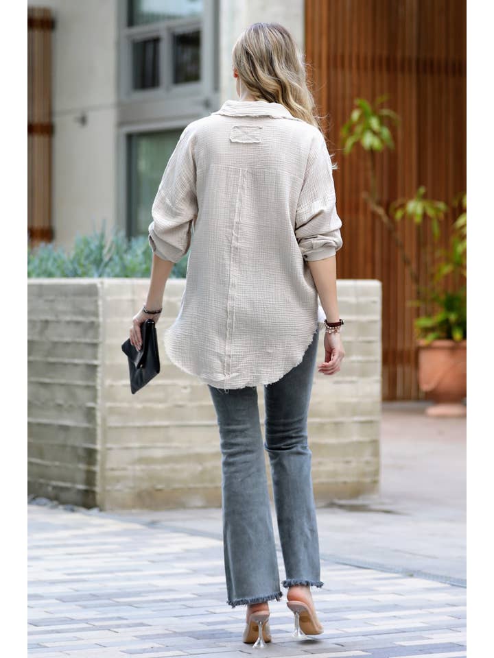 42POPS - Wholesale Button Down Shirt - Women's - ,,,,,..SI-23630 Oversized Raw Edge Shirt W/ Back Patch